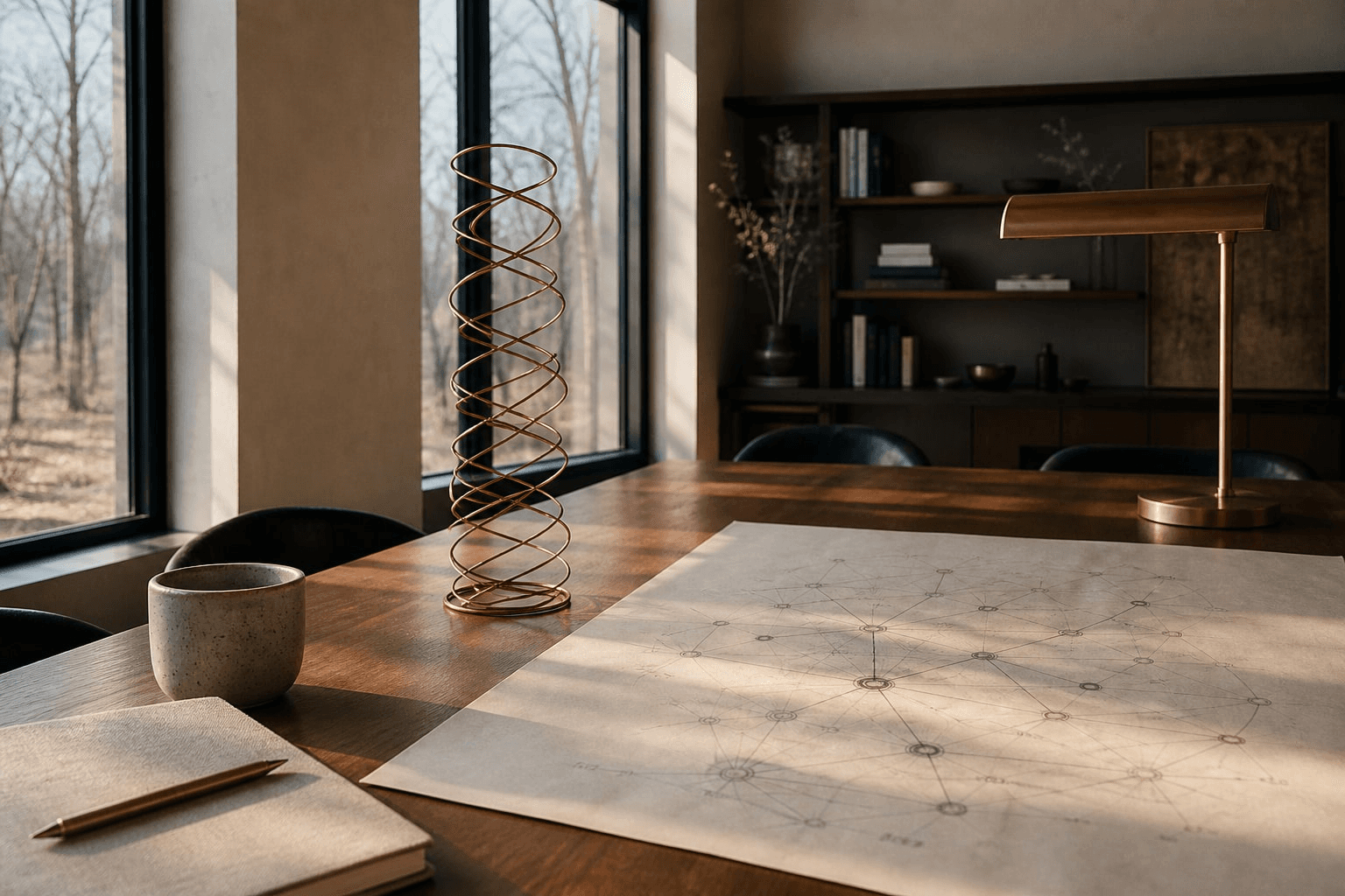Helixfield studio table with a copper helix and a hand-drawn operating graph.