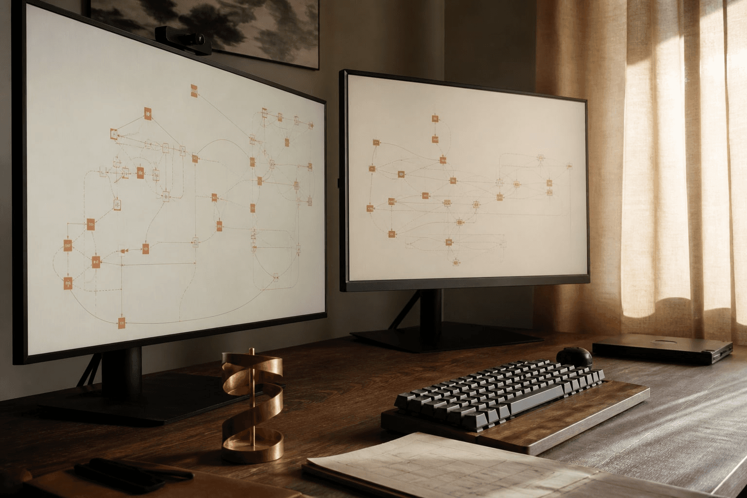 Delivery workstation with abstract node diagrams on two monitors.