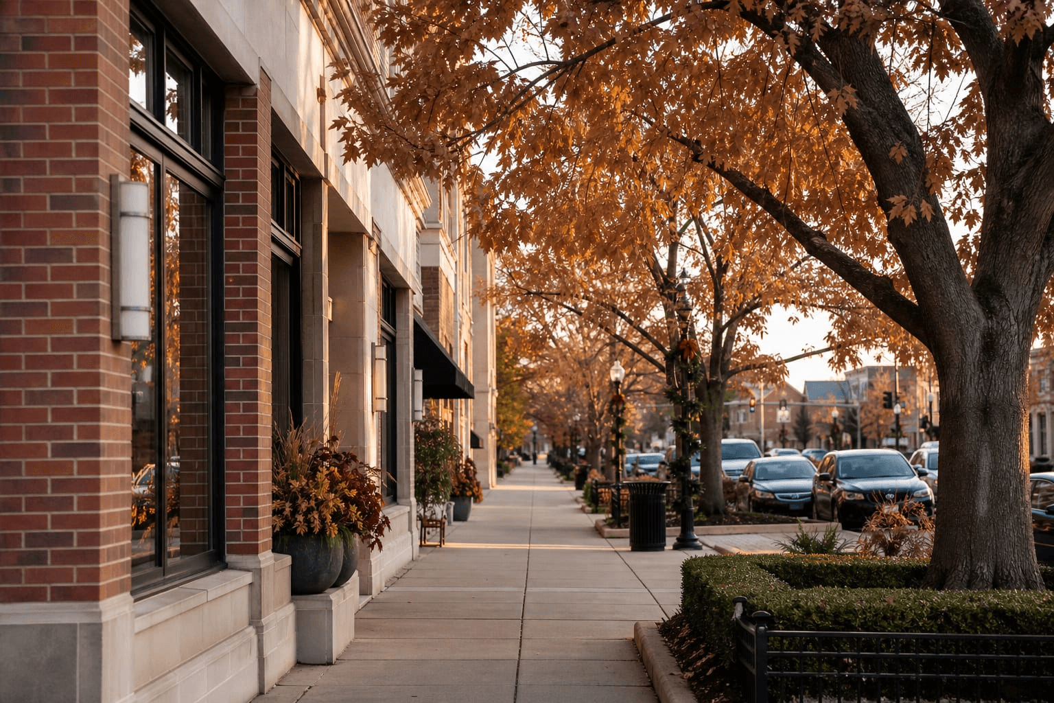 Autumn street of brick and limestone buildings in Northbrook, Illinois.