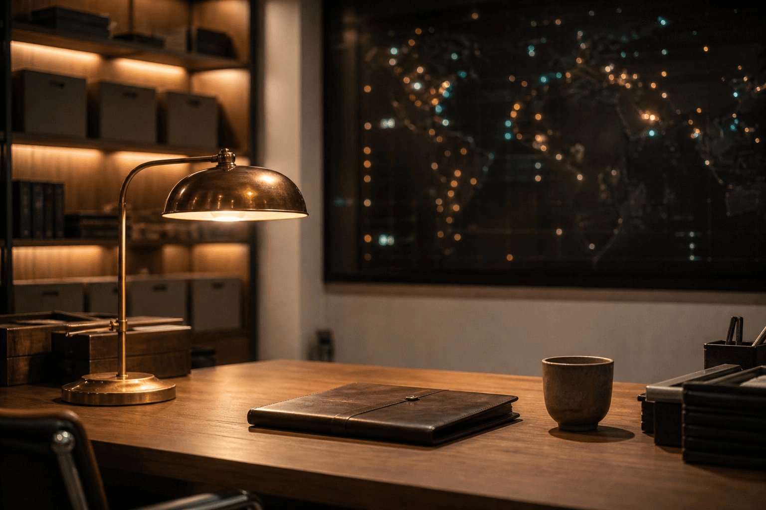 Quiet operations desk at dusk with a brass lamp and leather folio.