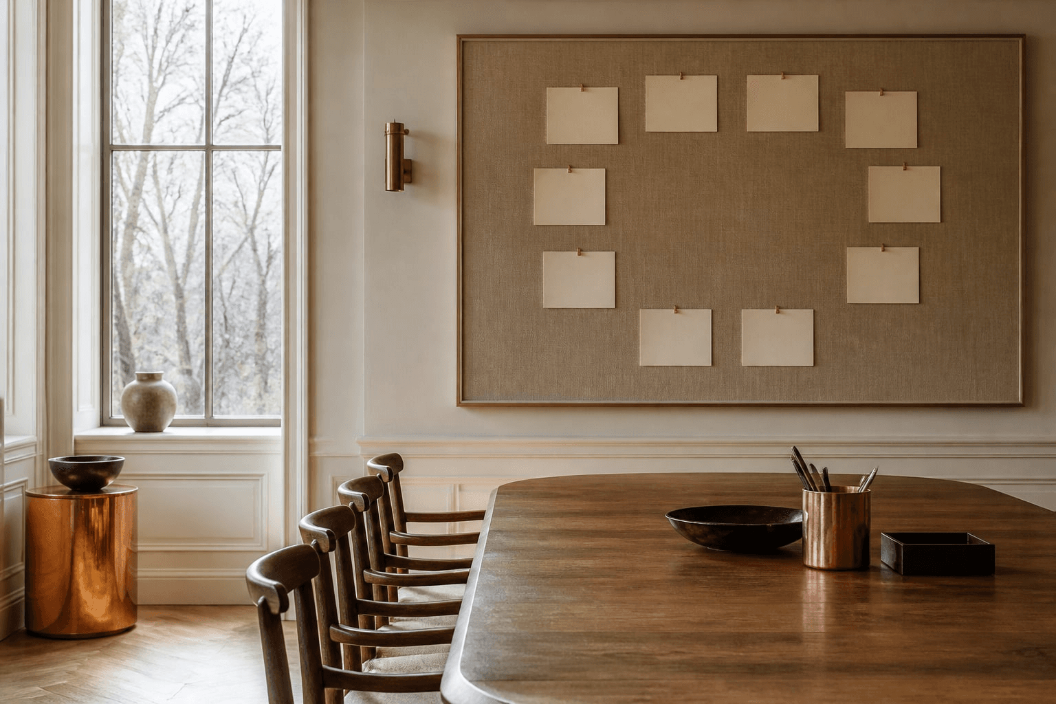 Empty instruction studio with oak chairs and a linen pinboard.